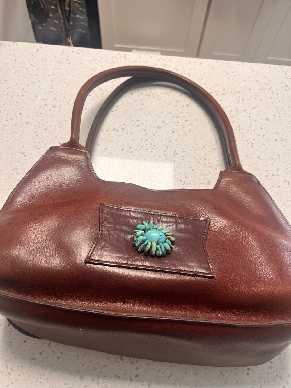 Two Bar West Classic Brown Leather Shoulder Bag with Turquoise Accent cowgirl